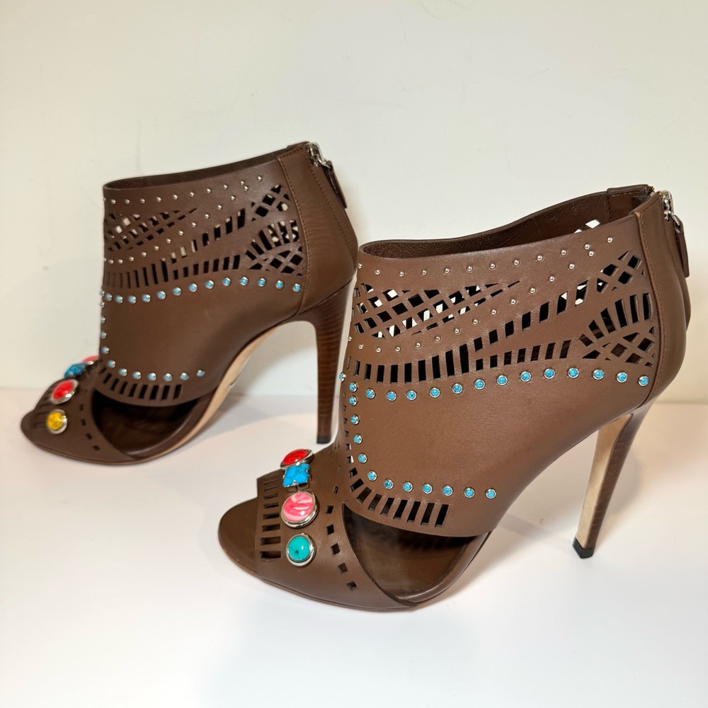 Gucci Lika Brown Leather Cutout Embellished Open Toe Bootie Sandal, Sz 38.5 - Picture 3 of 16